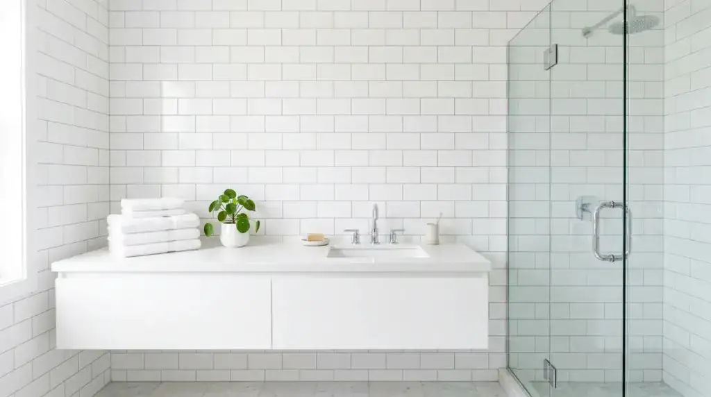 Minimalist bathroom with white subway tiles and glass shower enclosure.