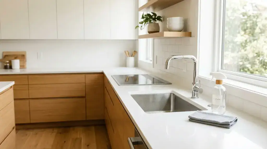 Bright kitchen with white and wooden cabinets, stainless steel sink, and large window.