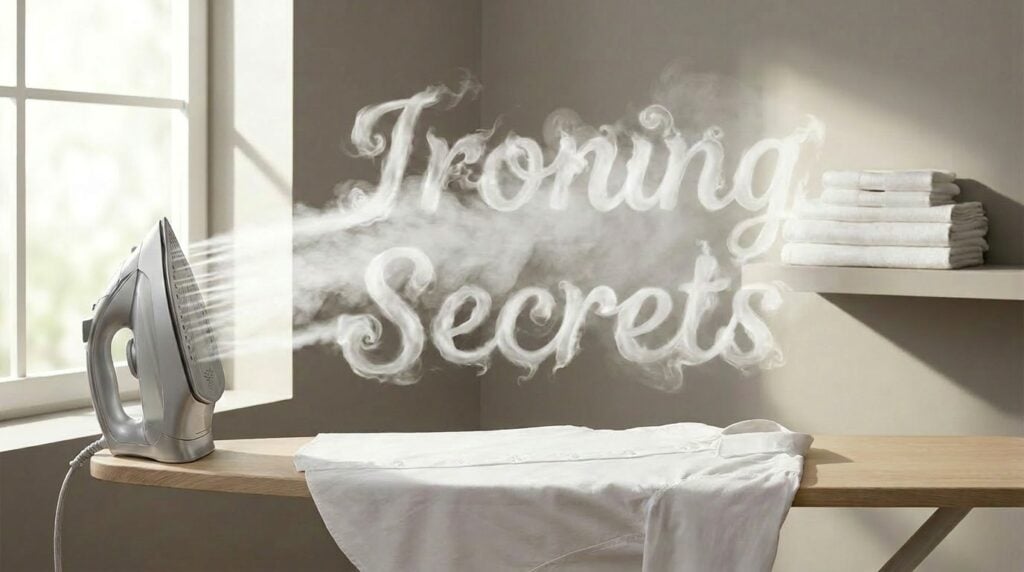 Steam from iron creating 'Training Secrets' message on wall.