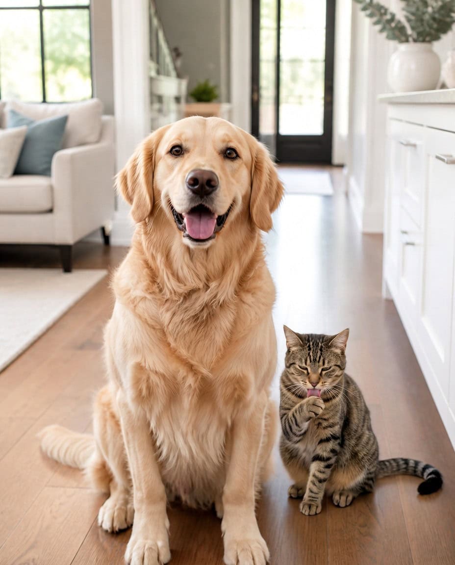 Happy Dog and Cat at Home Golden retriever and tabby cat sitting indoors in a modern living room.