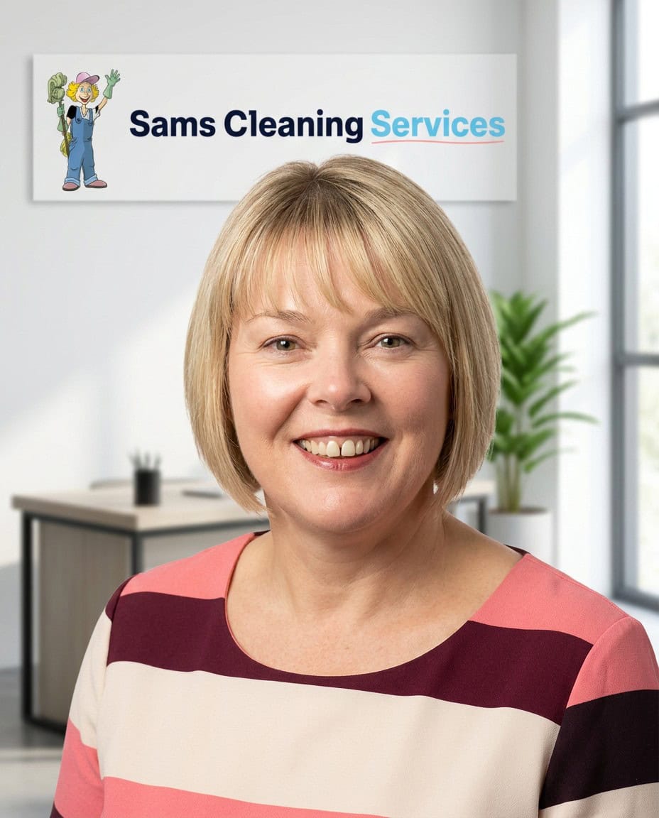 Sams Cleaning Services at RoseShire Festival Smiling woman at RoseShire Festival promoting Sams Cleaning Services.