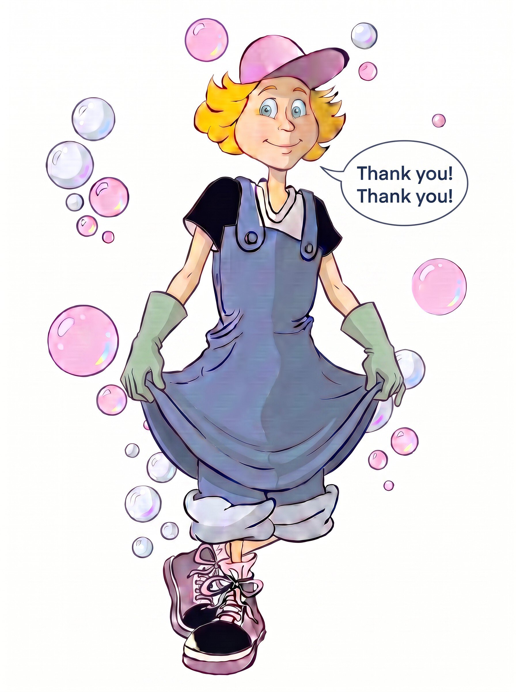 Cartoon girl in cleaning outfit with bubbles, thanking viewers.