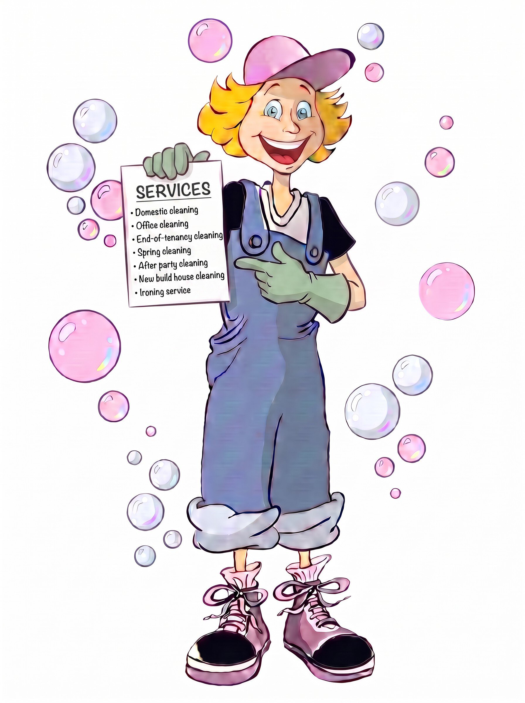 RoseShire Festival Cleaning Service Cartoon woman holding a cleaning service sign at RoseShire Festival.