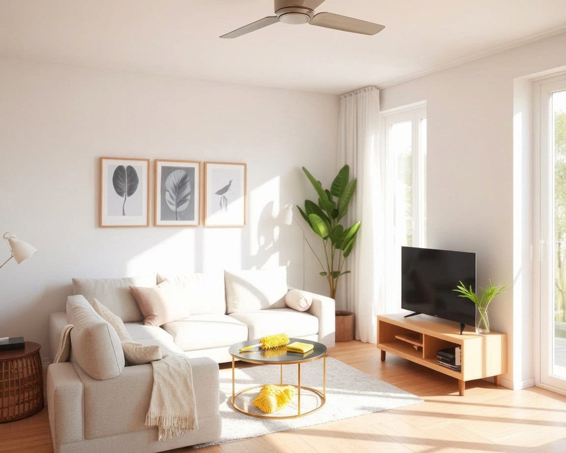 Modern Living Room with Natural Light Bright living room with white sofa, large windows, and indoor plants.