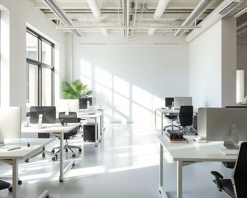Modern Office Workspace for Productivity Bright modern office with desks, computers, and natural sunlight.