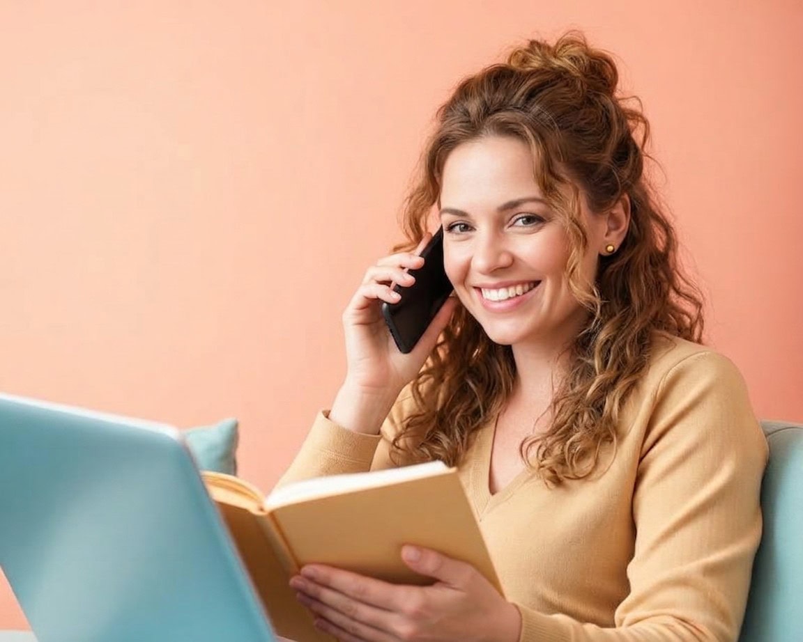 Young woman at home with laptop and phone Smiling woman using phone and laptop at home for work or leisure.