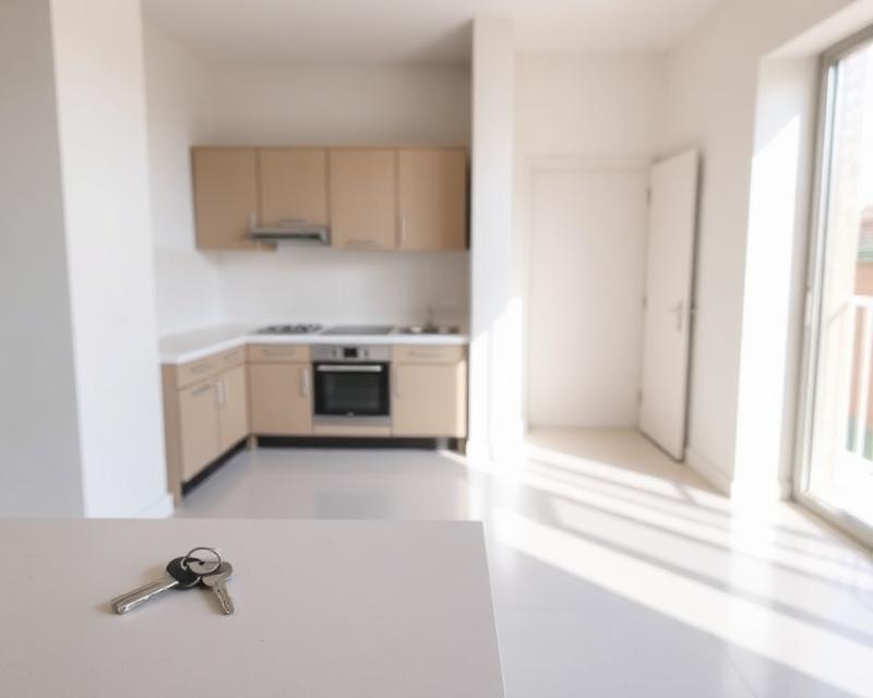 Modern Kitchen with Natural Light Bright modern kitchen with beige cabinets and large windows.