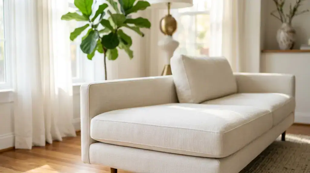 Bright living room with a white sofa and large window with curtains.