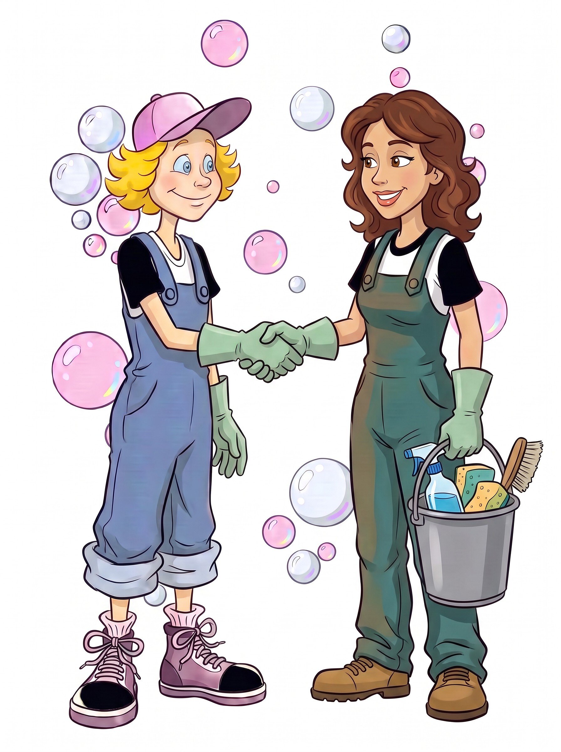 Two women in cleaning overalls shaking hands at RoseShire Festival.