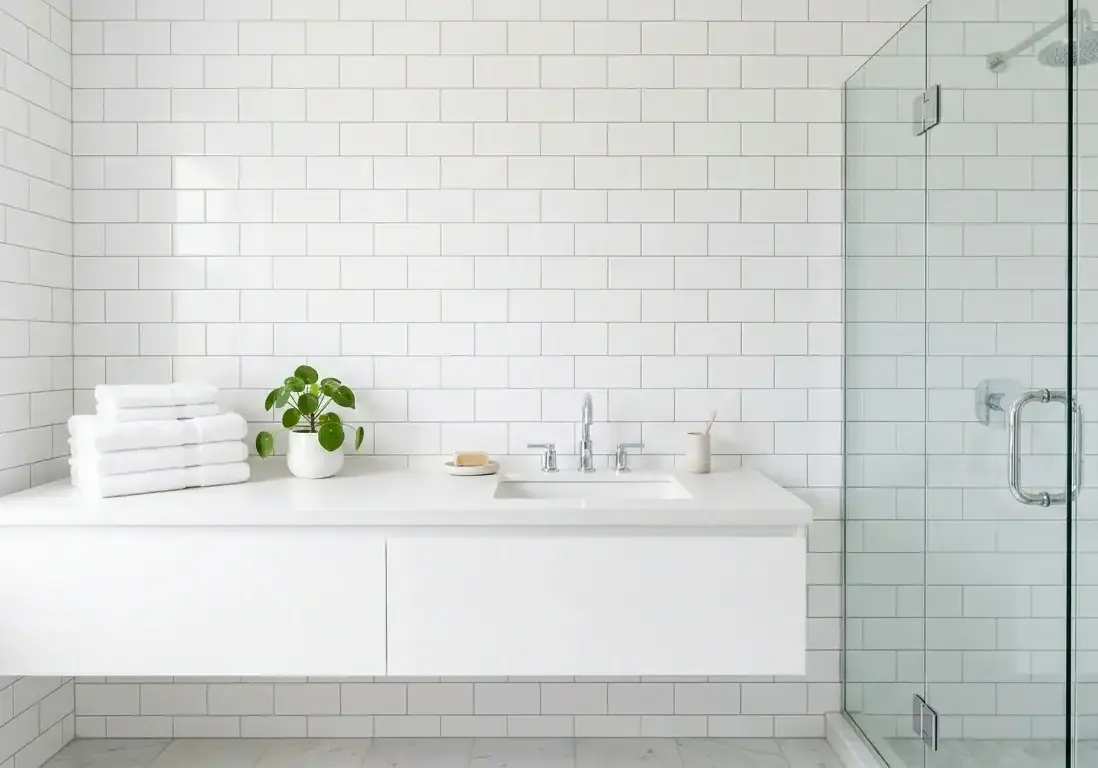 Minimalist bathroom with white subway tiles and glass shower enclosure.