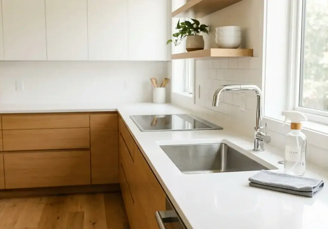 Bright kitchen with white and wooden cabinets, stainless steel sink, and large window.