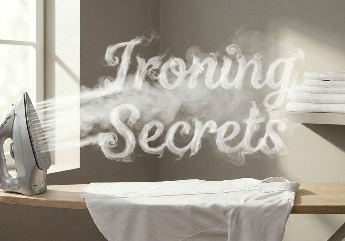 Steam from iron creating 'Training Secrets' message on wall.