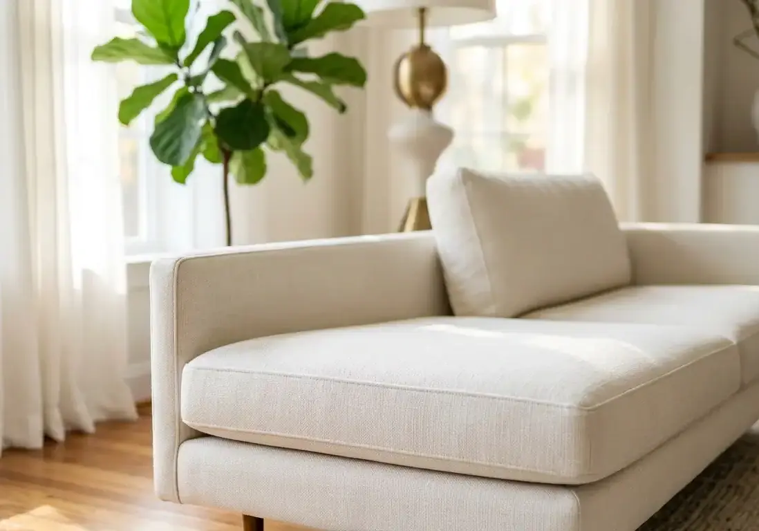 Bright living room with a white sofa and large window with curtains.